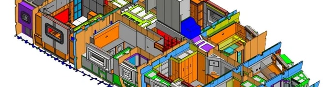 A color-coded 3D model showing the intricate interior design and engineering of a custom yacht. 