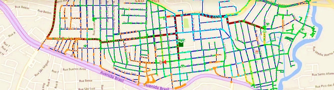 Map of the São Jorge water network with pipes color-coded to show hydraulic analysis results