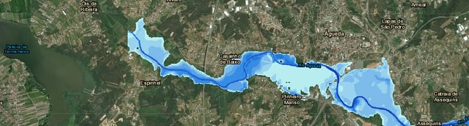 A flood simulation created by the Portuguese Environment Agency (APA) showing potential floodplains along the Águeda River.