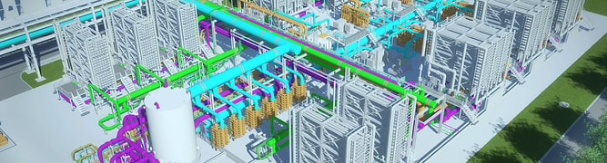 A colorful and detailed 3D digital twin of a chemical plant with complex piping and structures.