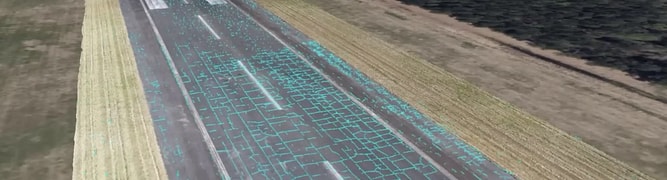 Aerial view of a runway with cracks highlighted in blue, identified by AI/ML after a drone flight; accompanying text describes the detection process.