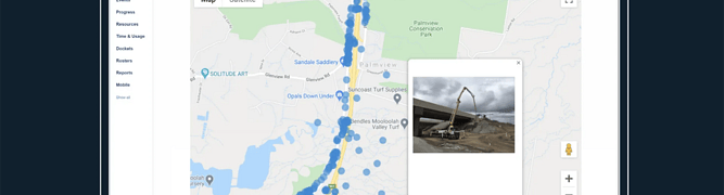 A map showing geotagged site photos of a concrete pour and road construction progress along the Bruce Highway Upgrade. 