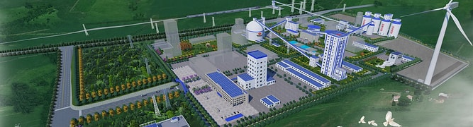 An aerial rendering of the comprehensive Shenhua Xinjie Energy power plant, showcasing the layout of process buildings, storage silos, and power infrastructure