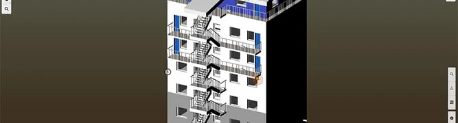 A 3D model of a building with an increasing number of safety-enhanced staircases.
