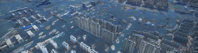 A digital twin simulation by CSCEC and AECOM showing a city-wide flood scenario for the Longenggang River Basin project in Shenzhen.