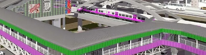 A rendering of a multi-level metro interchange station with integrated tracks and pedestrian bridges