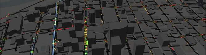 Dynameq traffic simulation model of downtown Edmonton, visualizing city-wide vehicle movements to analyze congestion and improve the transportation network.