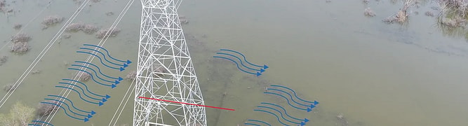 An image illustrating the flood conditions that EXO Grid addressed by retrofitting 44 transmission towers to withstand extreme weather and water loads.