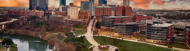 The downtown Fort Worth, Texas skyline at sunset.
