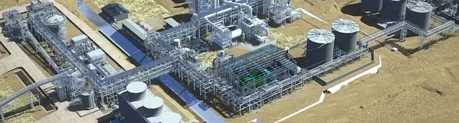 An aerial view of a comprehensive PlantSight digital twin, showing a detailed 3D model of a complex process plant used for operations and maintenance.
