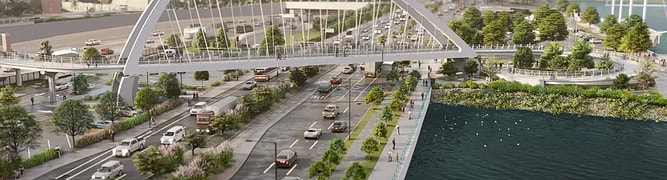 Rendering of a large arch bridge over a highway, connecting green park spaces in an urban setting
