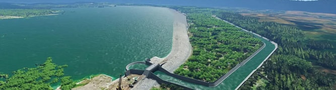 A digital rendering of the world's first integrated renewable energy project, where engineers used GeoStudio and PLAXIS to design and validate the stability of the massive reservoir embankment.