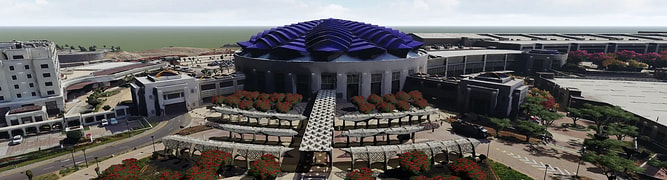 A visualization of the expansive Oman Convention & Exhibition Centre precinct, designed by Khatib & Alami, showing the central building, surrounding facilities, and detailed landscaping.