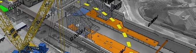 A 4D construction model in SYNCHRO showing the phased construction of a new rail station and trench