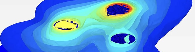 A heat map showing soil stress analysis around three offshore wind turbine foundations using SACS and PLAXIS 
