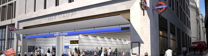 An architectural rendering of the new entrance to Bank Station, showing pedestrians entering through the ticket gates.