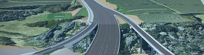 A 3D design visualization showing multiple parallel highway bridges crossing over a valley. 