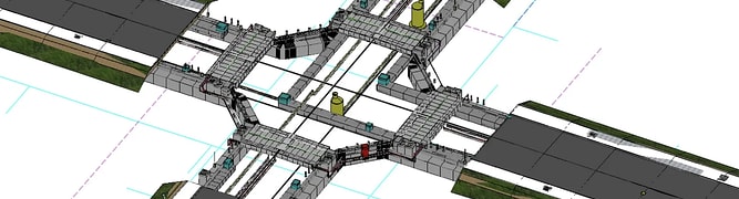A detailed 3D model of a complex road intersection, highlighting its structural and engineering components from an overhead perspective. 