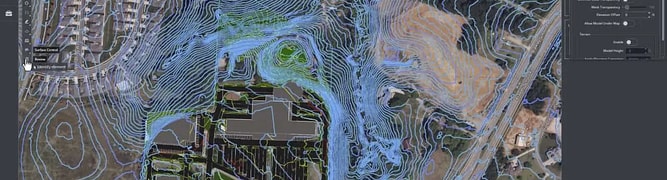 A digital map in OpenSite+ displays building outlines, roads, contour lines with elevation markers, and floodplain data—ideal for site design and analysis by firms like Pennoni.