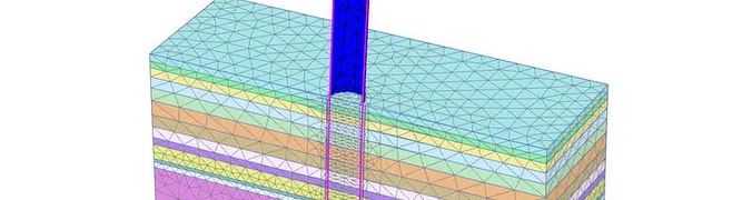 A 3D finite element model created in PLAXIS, showing a monopile foundation embedded in layered soil, used to validate the PISA design methodology for offshore wind turbines.