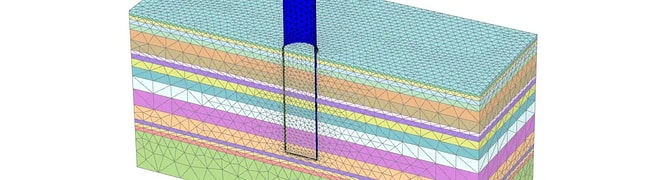 3D PLAXIS model illustrating the soil-structure interaction for a laterally loaded monopile, showing the finite element mesh of the pile and surrounding layered sand.