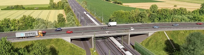 A visualization from the 3D model for the Hanover to Bielefeld high-speed rail link, showing a train passing under a highway through the German countryside on its optimized route. 