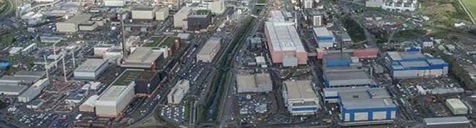 Wide aerial view of the sprawling and complex Sellafield nuclear industrial site