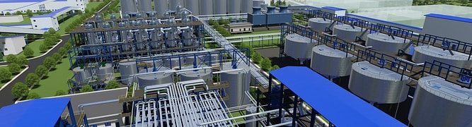 The comprehensive 3D model of the Nhan Co alumina refinery, showing the complex arrangement of tanks, piping, and processing buildings.