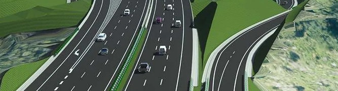 A digital visualization of a major interchange on the Chuxiong-Dali Expressway, created by SRBG using Bentley's 3D road design applications to manage the complex, multi-level roadway in steep terrain.