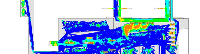 A pedestrian density map created in LEGION by SYSTRA, simulating passenger movement and congestion at a specific time for the Gare du Nord modernization project in Paris.