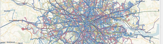 A map from Transport for London's digital twin, visualizing the Elizabeth Line's morning service and station locations within the context of the entire London transport network.    