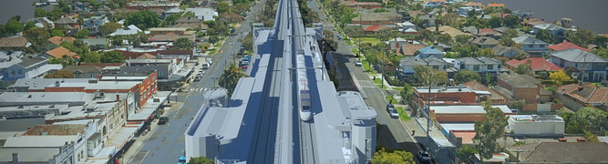 Digital twin of the Parkdale Level Crossing Removal Project, showing WSP's design for the new elevated rail bridge and station integrated within the existing urban landscape. 