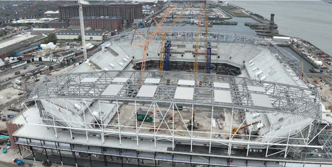 Aerial view of a large stadium under construction by Laing O&rsquo;Rourke, featuring cranes, steel framework, and partially completed stands, part of the Everton Football Club&rsquo;s North Liverpool regeneration, with a river and cityscape in the background.