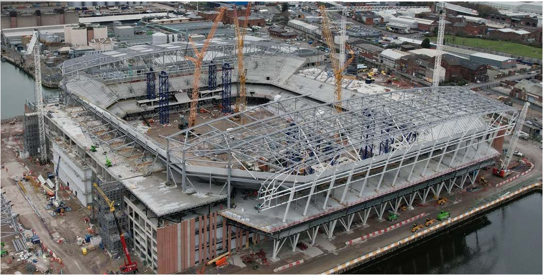 Aerial view of Everton Football Club&rsquo;s iconic stadium under construction, with cranes and steel framework visible, set amidst industrial buildings and roads as part of the North Liverpool regeneration.