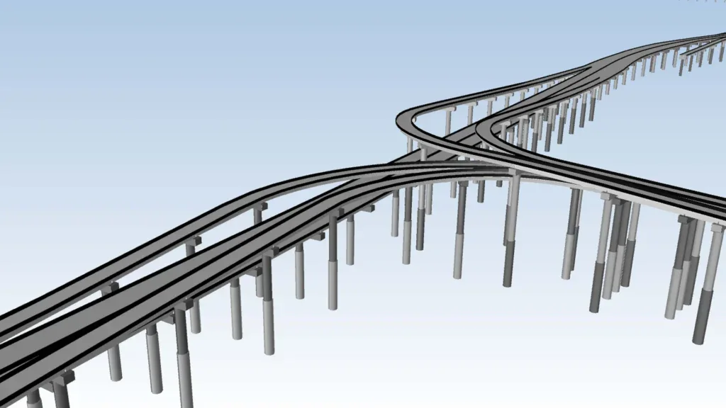 Digital rendering of elevated highways with multiple lanes curving and crossing over each other, supported by numerous vertical pillars, highlighting a connector road designed to help reduce carbon emissions and ease traffic congestion in Manila.