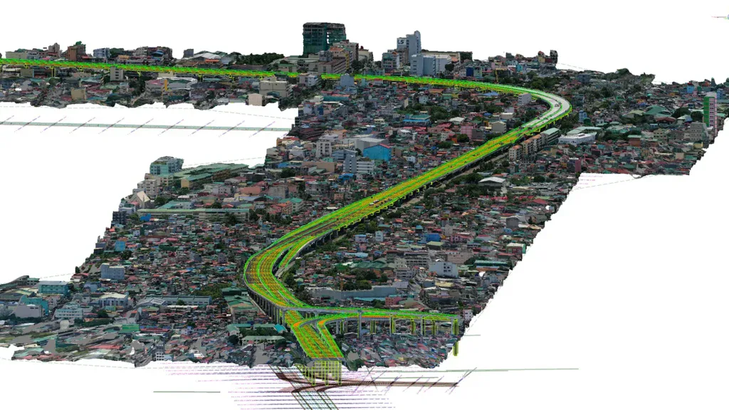 A digital rendering of Manila shows a planned elevated connector road passing through densely packed buildings, aimed at easing traffic congestion in the busy urban area.