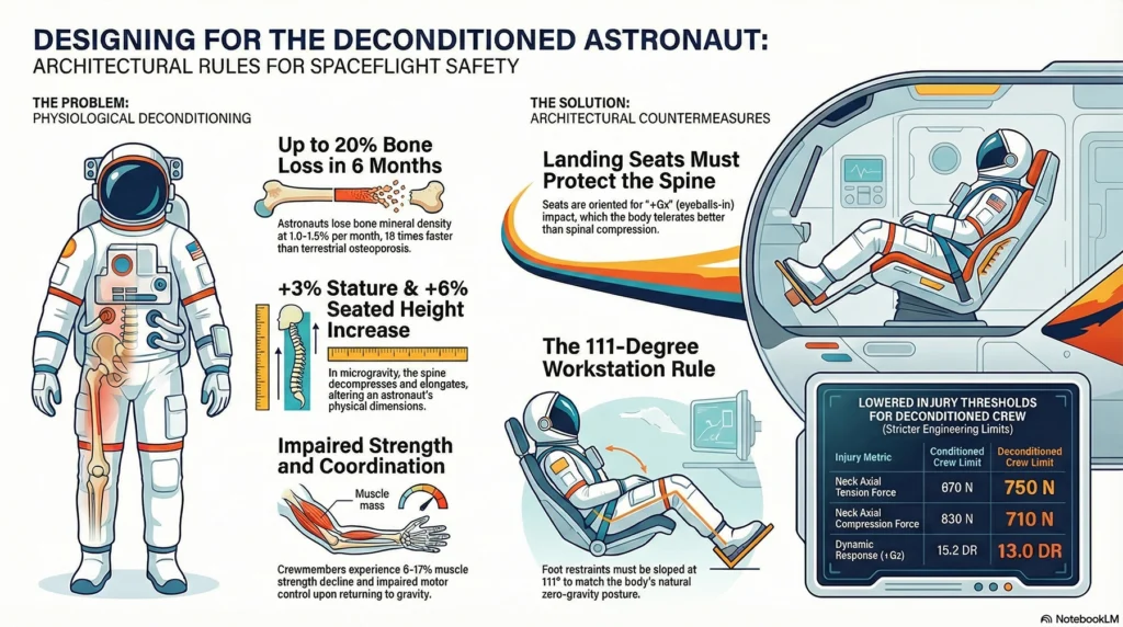 Infographic shows effects of spaceflight on astronauts’ bodies, countermeasures like special seats, and workstation angle rules to reduce injury from deconditioning during long-term space missions. It also highlights how digital twin technology can be used to simulate and optimize space habitats for astronaut health and safety.
