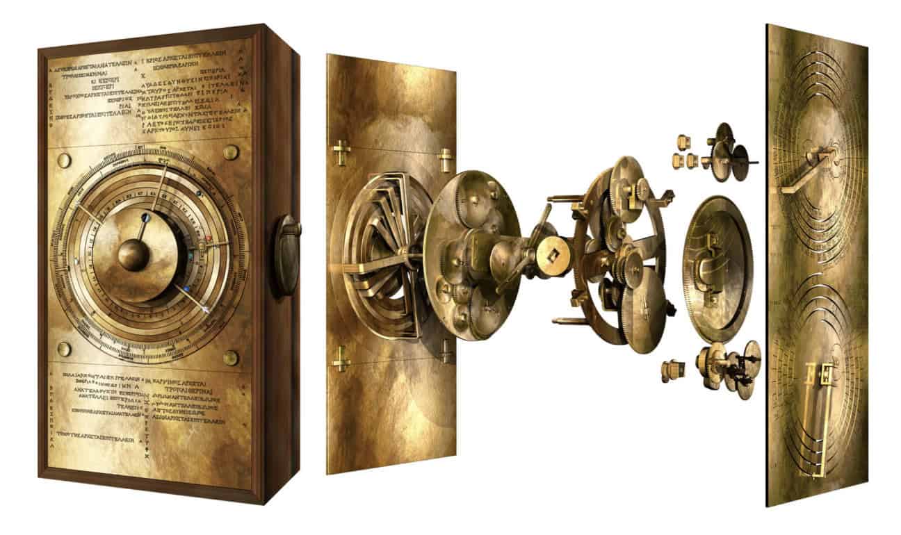 Exploded view of the Antikythera mechanism, the 2,000-year-old ancient computer, showing its intricate bronze gears and dials in detail, with Greek inscriptions on the exterior plates.