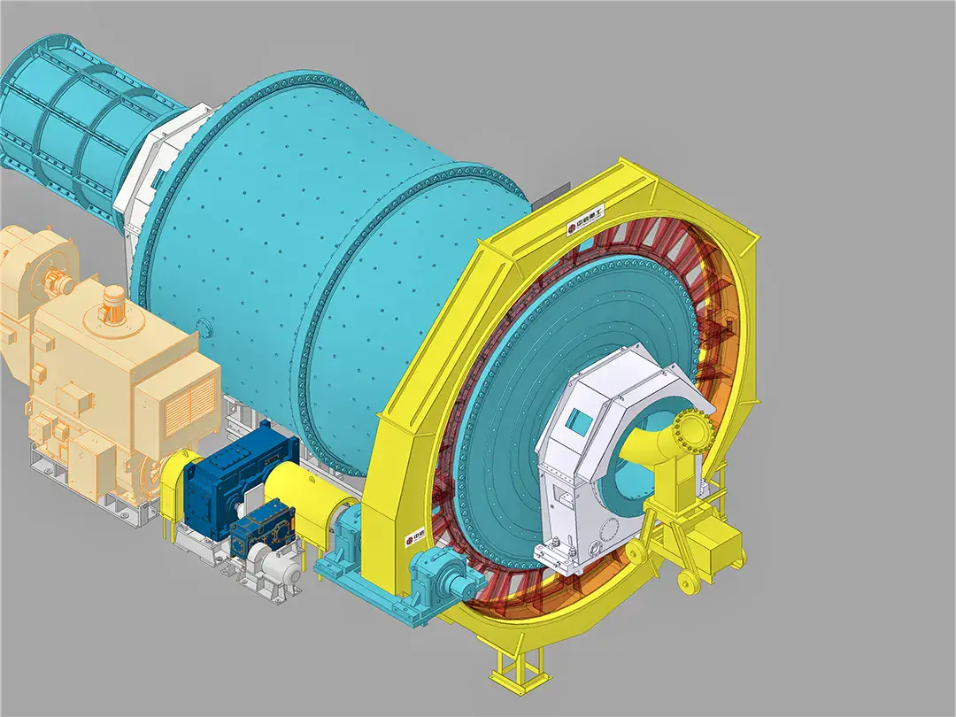 A detailed 3D rendering of an industrial ball mill machine, featuring a large rotating drum, motor, and support structures, showcased within a smart cement factory using collaborative BIM technology.