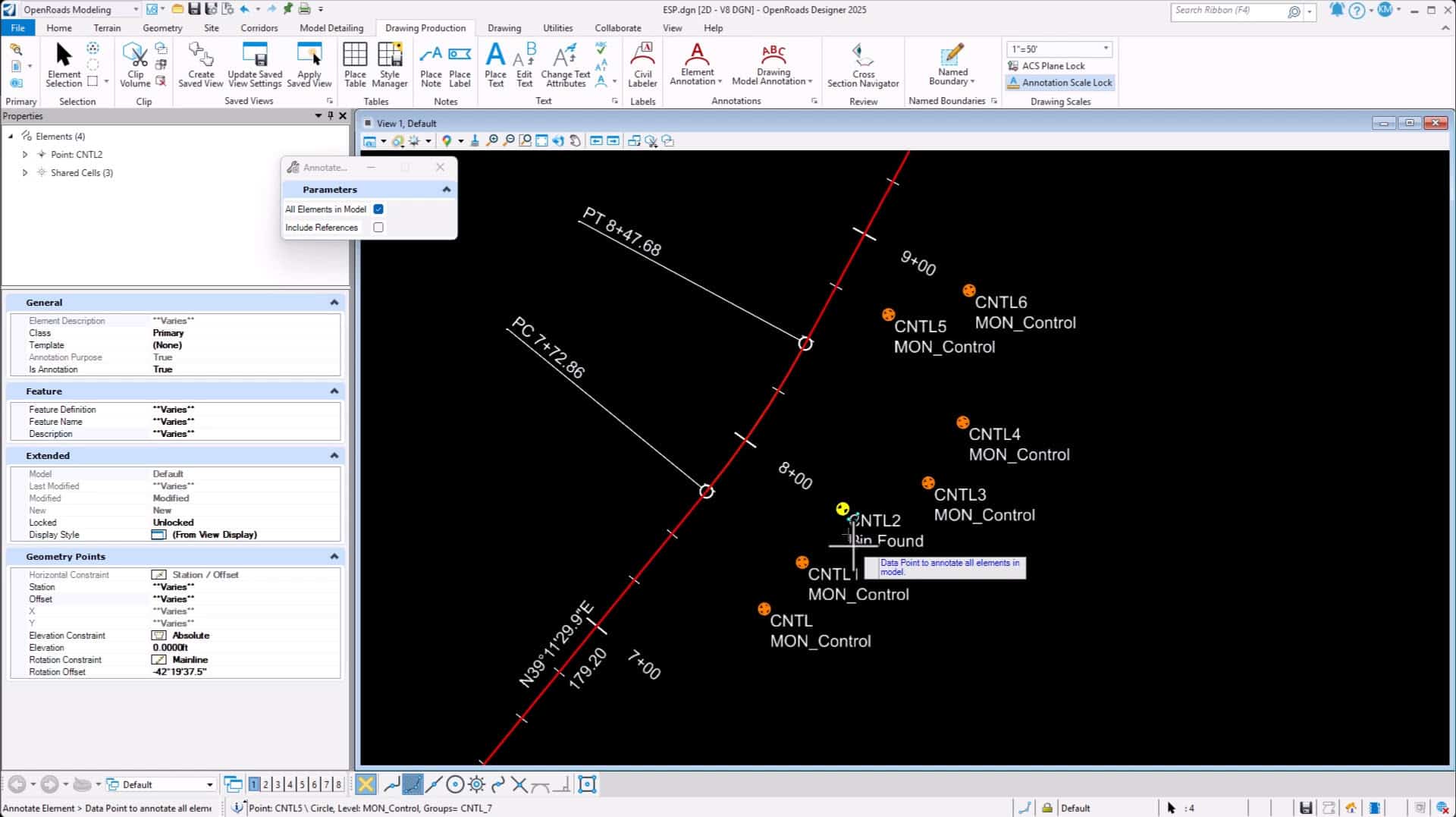 Geological mapping software interface showing a cross-section with labeled drillholes, sample points, and control data on a black background.