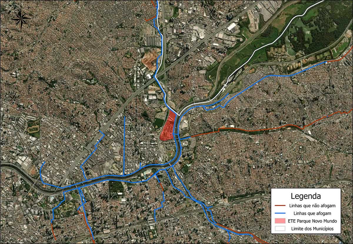 Satellite map of urban area with colored lines marking flooded and non-flooded routes, a highlighted Sabesp facility, and municipal boundaries; includes a legend for reference, supporting smart water management and urban transformation.