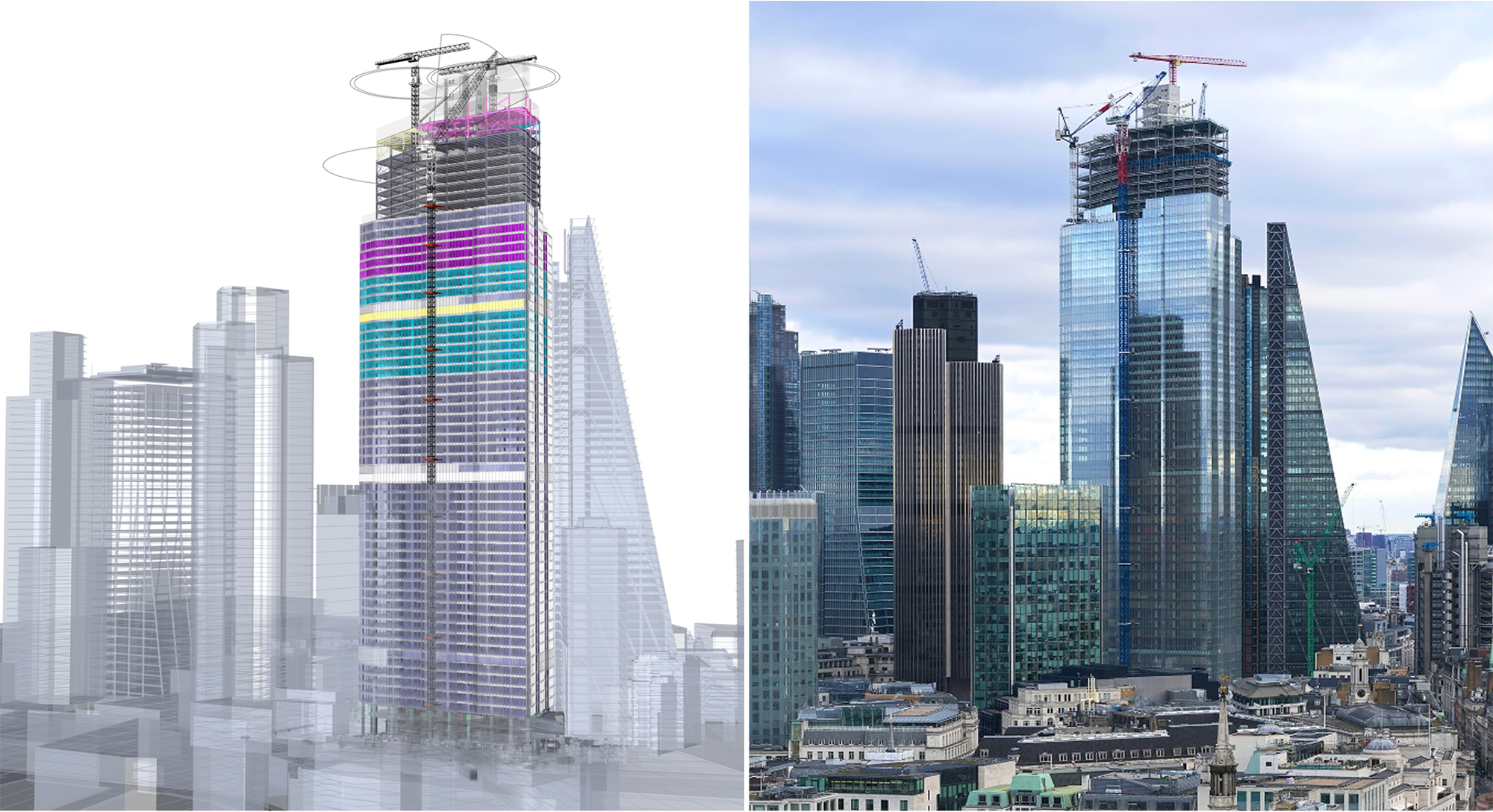 Digital rendering and photo comparison of a skyscraper under construction, featuring a steel framework and cranes, surrounded by other tall buildings in a cityscape.