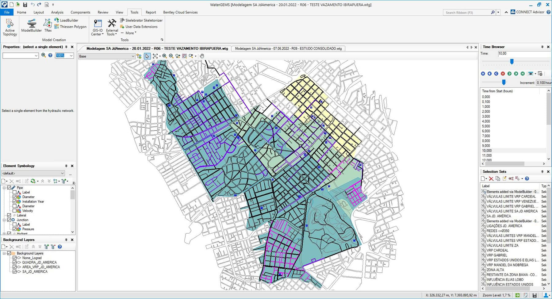 A computer screen displays GIS software showing a city map with various blocks highlighted in different colors, alongside a data table on the right, illustrating Sabesp&rsquo;s Smart Water initiatives for urban Water Transformation.