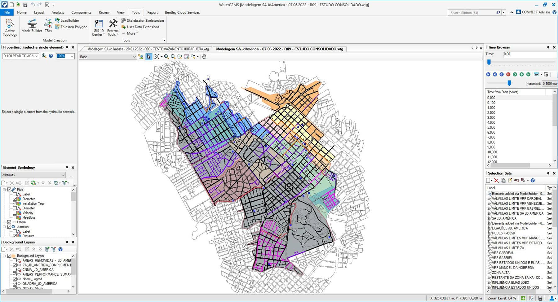 A digital map in GIS software displays various city regions highlighted in different colors, overlaid on a street grid, with attribute tables and layer controls visible&mdash;supporting Sabesp&rsquo;s Smart Water Transformation initiatives.