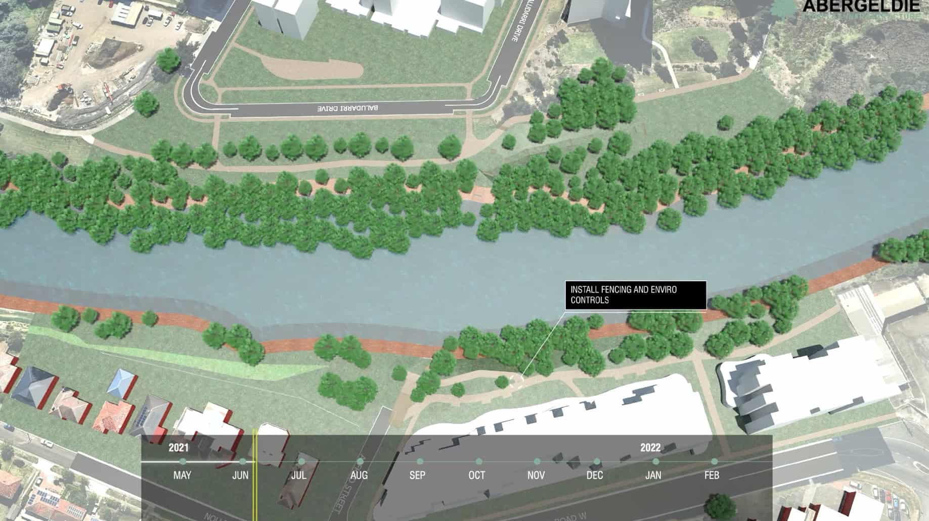 Aerial map showing a river with surrounding trees, nearby roads, buildings, and a highlighted section labeled Install Fencing and Enviro Controls.