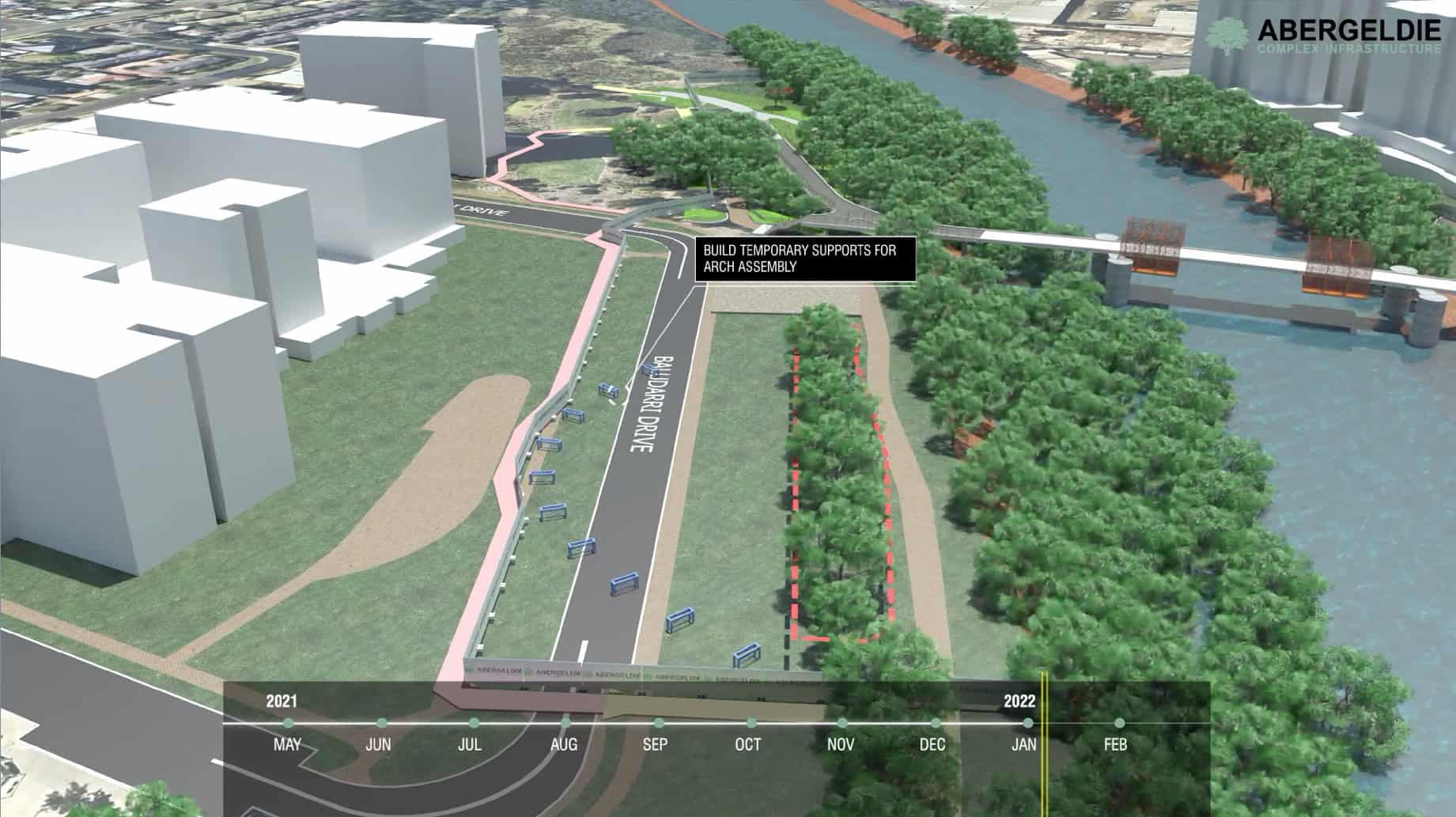 Aerial rendering shows a riverside construction site with temporary bridge supports being built; timeline from 2021 to 2022 runs along the bottom.