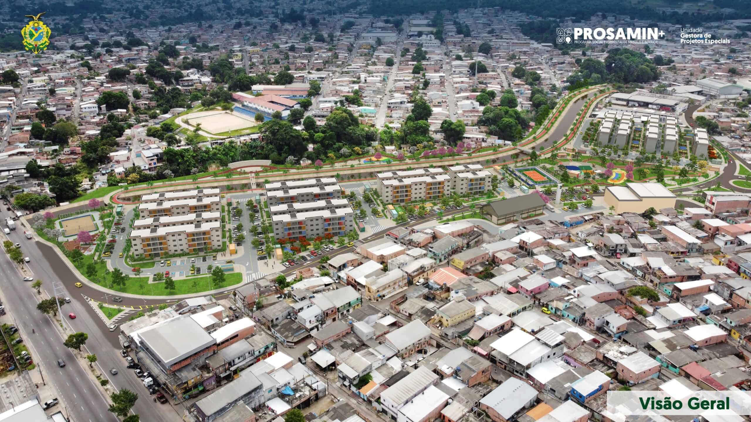 Aerial view of a densely populated urban area with new residential buildings and green spaces under development, labeled PROSAMIN+ and Visao Geral.