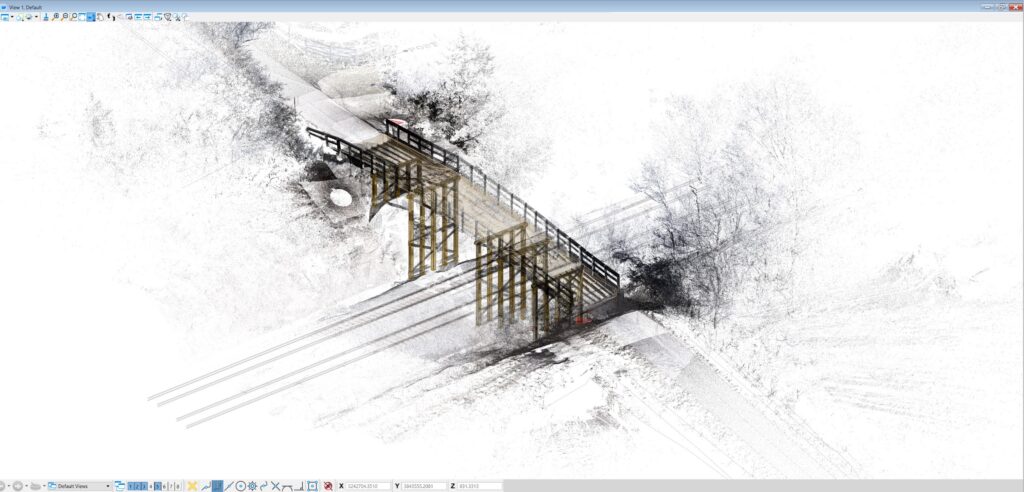 Digital rendering of a wooden bridge structure over a road, surrounded by trees and displayed in point cloud visualization software, showcases how Digital Twins can enhance bridge program management with AI-driven insights.