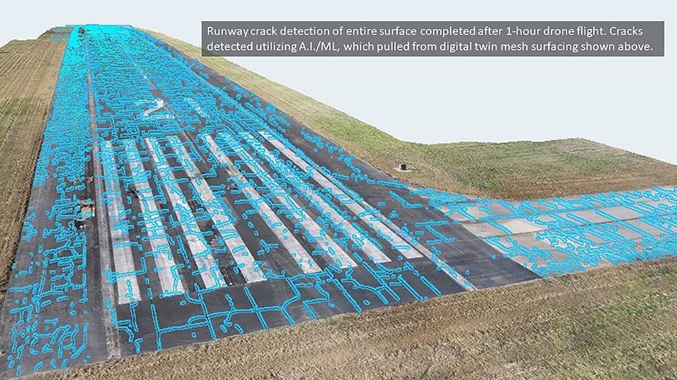 Aerial view of a runway with blue outlines marking detected cracks, identified by AI/ML after a one-hour drone flight using Unified Reality Modeling for precise surface analysis.