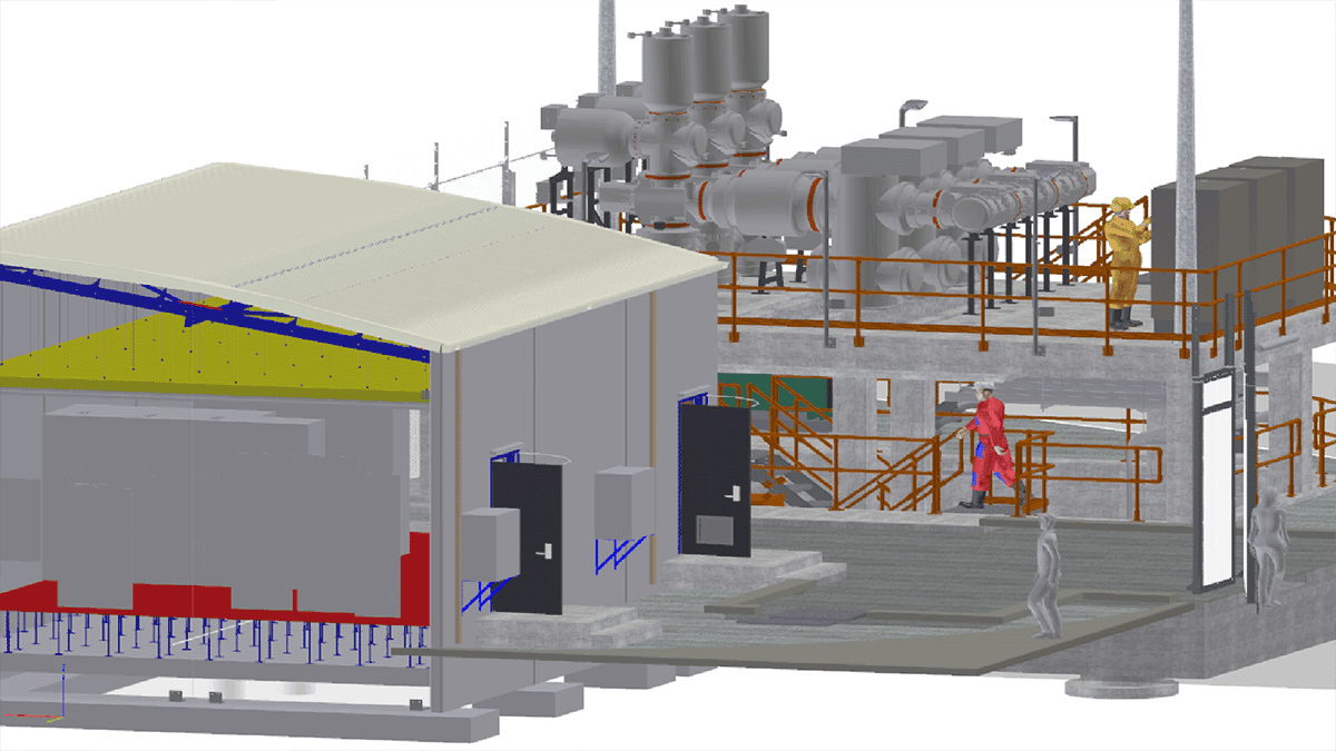 3D rendering of an industrial facility with machinery, pipes, and walkways; several human figures illustrate the scale and use of the structure for APD Global Engineering's Perth power infrastructure YII Project Profile.
